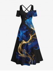Robe longue trapèze à épaules dénudées, grande taille, en mousseline fumée, imprimé rubans et faisceau lumineux, style hawaïen, croisée sur le devant - Bleu L