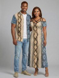 African Printed Matching Couple Outfit Snake Pattern Geometric Textured Hawaiian Set -  