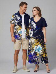 Ensemble de plage hawaïen assorti pour couples, imprimé floral aquarelle, grandes tailles - Noir 