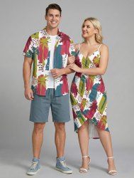 Coconut Tree Painting Colorblock Print Plus Size Matching Hawaii Beach Outfit For Couples -  