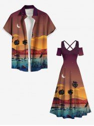 African Printed Matching Couple Outfit Coconut Tree Bird Moon Hawaiian Set -  