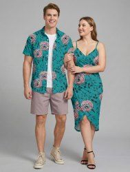 Ensemble de plage hawaïen assorti grande taille à imprimé roses et feuilles pour couples - Turquoise Foncée 