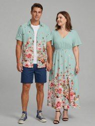 Flowers Leaf Print Plus Size Matching Hawaii Beach Outfit For Couples -  