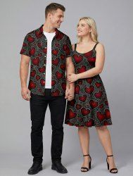 Valentine's Day Heart Rose Flowers Print Plus Size Matching Outfit For Couples -  