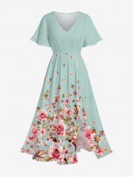 Robe mi-longue hawaïenne fendue à imprimé floral et feuilles grande taille - Turquoise XS