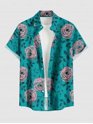 Chemise hawaïenne grande taille pour homme, à imprimé rose et feuilles, boutons et poche. - Turquoise Foncée S