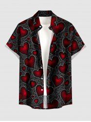Plus Size Valentine's Day Heart Rose Flowers Print Buttons Pocket Shirt For Men -  