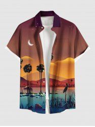 Chemise hawaïenne grande taille pour homme, à imprimé cocotiers, oiseaux et lune, boutons et poche. - Brun Légère S
