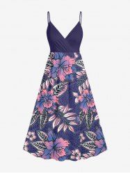 Plus Size Flowers Leaf Tropical Print Surplice Hawaii Cami Dress -  