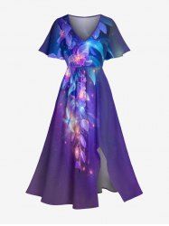 Plus Size Flowers Leaf Galaxy Glitter 3D Print Split Hawaii Midi Dress -  