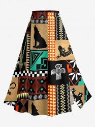 Jupe trapèze fendue hawaïenne à imprimé géométrique ethnique grande taille - café lumière 5X