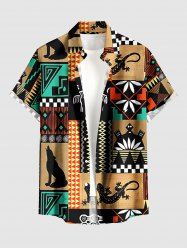 Chemise hawaïenne à poches boutons, imprimé géométrique ethnique grande taille, style gecko, pour homme - café lumière S