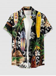 Plus Size Coconut Tree Flower Ethnic Pattern Print Hawaii Button Pocket Shirt For Men -  
