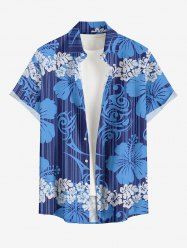 Chemise à poches boutonnées à imprimé floral tropical et feuilles d'hibiscus, grande taille, pour hommes - Bleu S