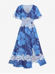 Plus Size Tropical Leaf Hibiscus Flower Print Hawaii Split Pocket A Line Midi Dress -  