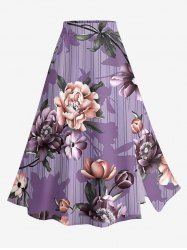 Jupe trapèze fendue hawaïenne à imprimé floral et rayé grande taille - Pourpre  6X