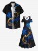 Robe longue trapèze à épaules dénudées, grande taille, en mousseline fumée, imprimé rubans et faisceau lumineux, style hawaïen, croisée sur le devant - Bleu L