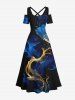 Robe longue trapèze à épaules dénudées, grande taille, en mousseline fumée, imprimé rubans et faisceau lumineux, style hawaïen, croisée sur le devant - Bleu L