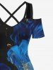Robe longue trapèze à épaules dénudées, grande taille, en mousseline fumée, imprimé rubans et faisceau lumineux, style hawaïen, croisée sur le devant - Bleu L
