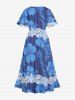 Plus Size Tropical Leaf Hibiscus Flower Print Hawaii Split Pocket A Line Midi Dress -  