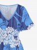 Plus Size Tropical Leaf Hibiscus Flower Print Hawaii Split Pocket A Line Midi Dress -  