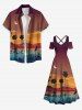 Chemise hawaïenne grande taille pour homme, à imprimé cocotiers, oiseaux et lune, boutons et poche. - Brun Légère S