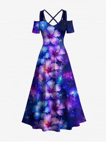 Robe longue hawaïenne à imprimé galaxie et fleurs d'hibiscus grande taille - DEEP BLUE - 6X