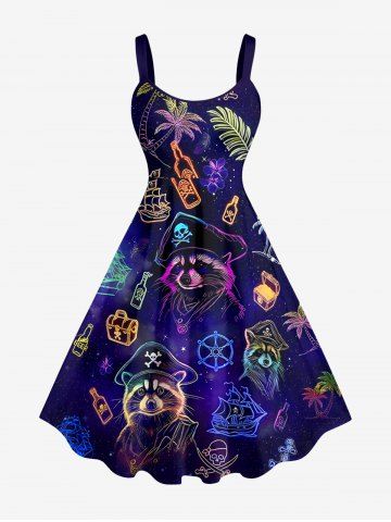 Robe débardeur hawaïenne grande taille à imprimé raton laveur, pirate, voilier, cocotier et galaxie - CONCORD - S