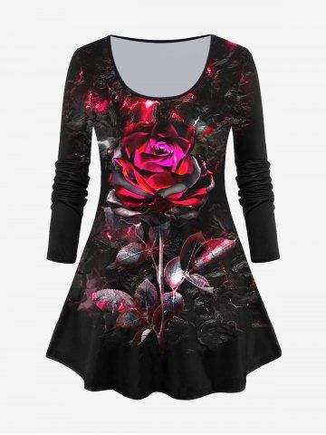 T-shirt grande taille à paillettes avec imprimé rose et feuille - BLACK - XS