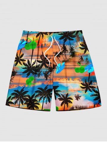 Short de plage hawaïen à cordon de serrage, imprimé coucher de soleil ombré avec cocotier, grande taille, pour hommes - MULTI - 8XL