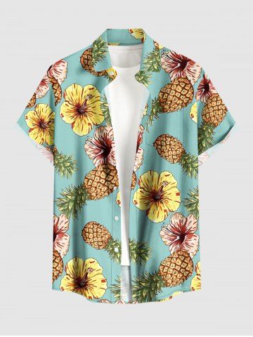 Chemise hawaïenne grande taille pour homme, à boutons et poches, imprimée ananas et hibiscus. - LIGHT GREEN - M