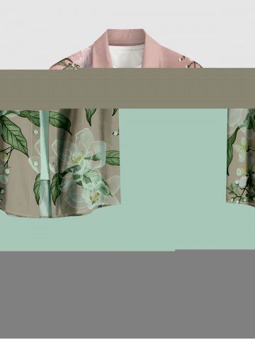 Chemise hawaïenne grande taille à imprimé floral et feuilles, boutons et poche pour homme - PINK - L