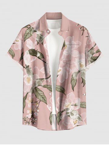 Chemise hawaïenne grande taille à imprimé floral et feuilles, boutons et poche pour homme - PINK - 2XL