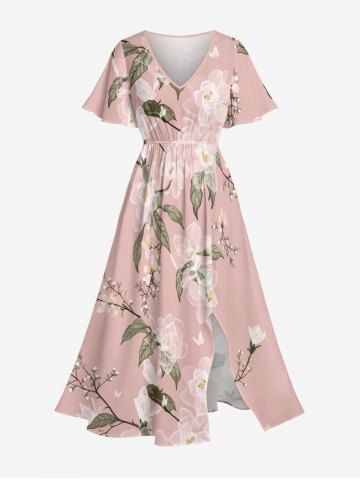 Robe mi-longue hawaïenne fendue à imprimé floral et feuilles grande taille - PINK - 1X