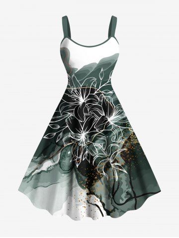 Robe débardeur hawaïenne grande taille à imprimé fleurs et feuilles, colorblock et éclaboussures de peinture - DEEP GREEN - S