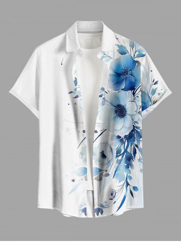 Chemise hawaïenne grande taille à imprimé floral et feuilles, boutons et poche pour homme - WHITE - 6XL