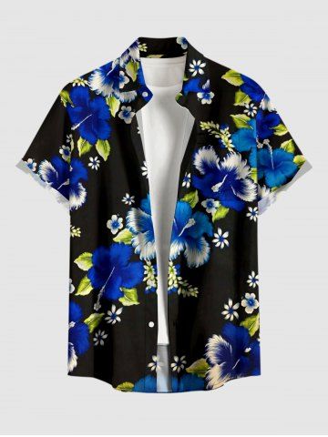 Chemise hawaïenne à imprimé de fleurs d'hibiscus et de feuilles, grande taille, avec poche boutonnée, pour homme - BLACK - L