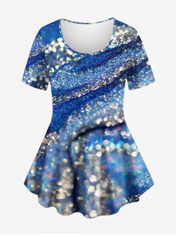 T-shirt à manches courtes grande taille à paillettes, sequins ombrés et imprimé colorblock rayé - BLUE - XS