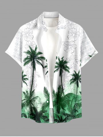 Chemise hawaïenne à poches boutons, imprimé géométrique de fleurs de cocotier, grandes tailles pour hommes - GREEN - 5XL