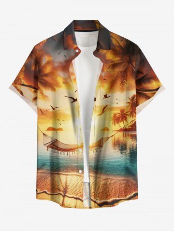 Chemise à boutons pour homme, grande taille, imprimé hawaïen, coucher de soleil ombré, cocotier, grande taille, motif mer, coucher de soleil, style hawaïen.