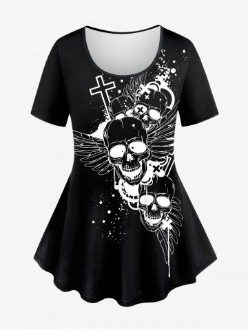 T-shirt à manches courtes grande taille avec imprimé éclaboussures de peinture, têtes de mort, ailes et croix - BLACK - 6X
