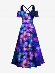 Plus Size Hibiscus Flowers Galaxy Print Cold Shoulder Crisscross Hawaii Maxi Dress -  