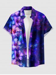 Chemise hawaïenne grande taille pour homme, à boutons et poche, imprimé galaxie et fleurs d'hibiscus. Motif hibiscus. Grande taille. Pour homme. - Cadetblue S