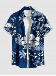 Chemise hawaïenne grande taille pour homme, à imprimé tropical floral et feuilles, boutons et poche. - Bleu profond S
