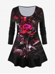 Plus Size Glitter Rose Flower Leaf Print T-shirt -  