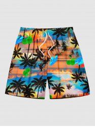 Plus Size Coconut Tree Ombre Sunset Print Hawaii Drawstring Beach Shorts For Men -  