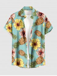 Chemise hawaïenne grande taille pour homme, à boutons et poches, imprimée ananas et hibiscus. - Vert clair S
