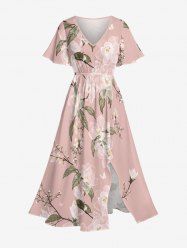 Robe mi-longue hawaïenne fendue à imprimé floral et feuilles grande taille - Rose  1X