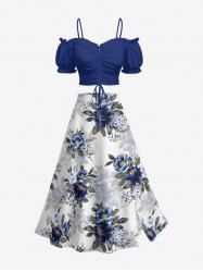 Solid Cinched Top and Flower Leaf Print Hawaii Split A Line Skirt Plus Size Matching Set -  