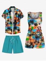 Matching Hawaii Shirt Shorts and Romper Beach Outfit Coconut Tree Cloud Colorful Sky Print For Couples -  